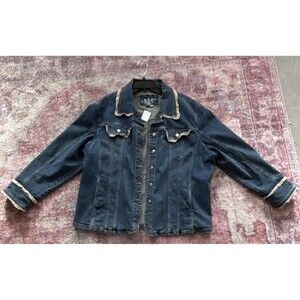 LAL Live a Little Blue Jacket Lace Trim Collared Button Pockets Plus 2X